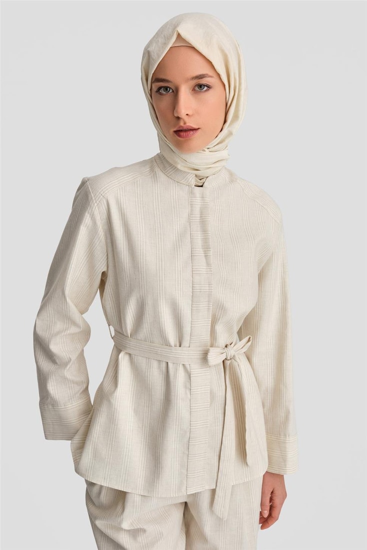 Armine Kalın Çizgili Pamuk Takım 24K6853 Açık Bej