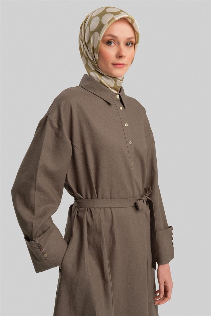 Armine Kalın Manşetli Keten Elbise 24Y9830 Koyu Vizon