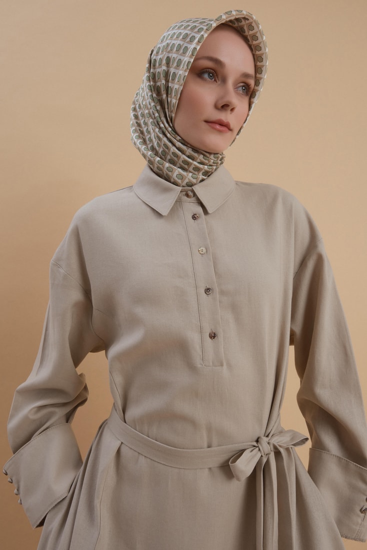 Armine Kalın Manşetli Keten Elbise 24Y9830 Aytaşı