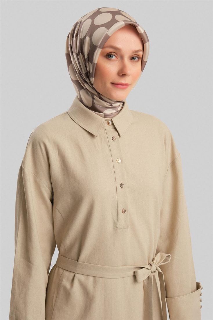 Armine Kalın Manşetli Keten Elbise 24Y9830 Aytaşı