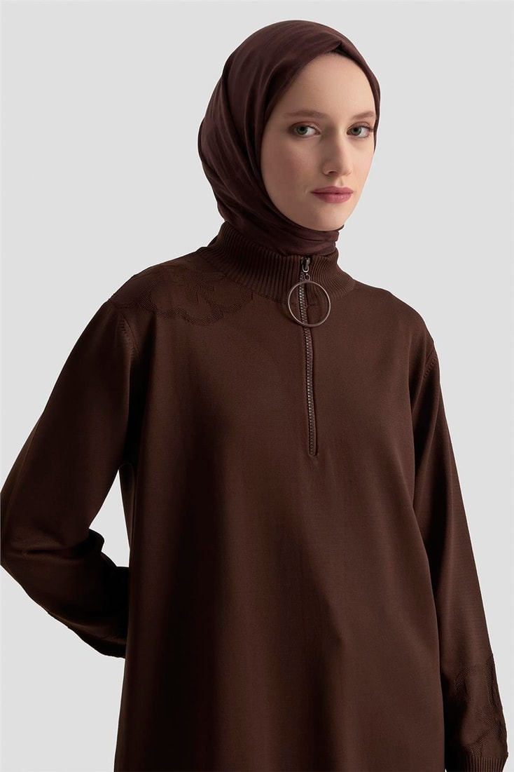 Armine Çiçek Desenli Triko Tunik 25KTD4111 Acı Kahve