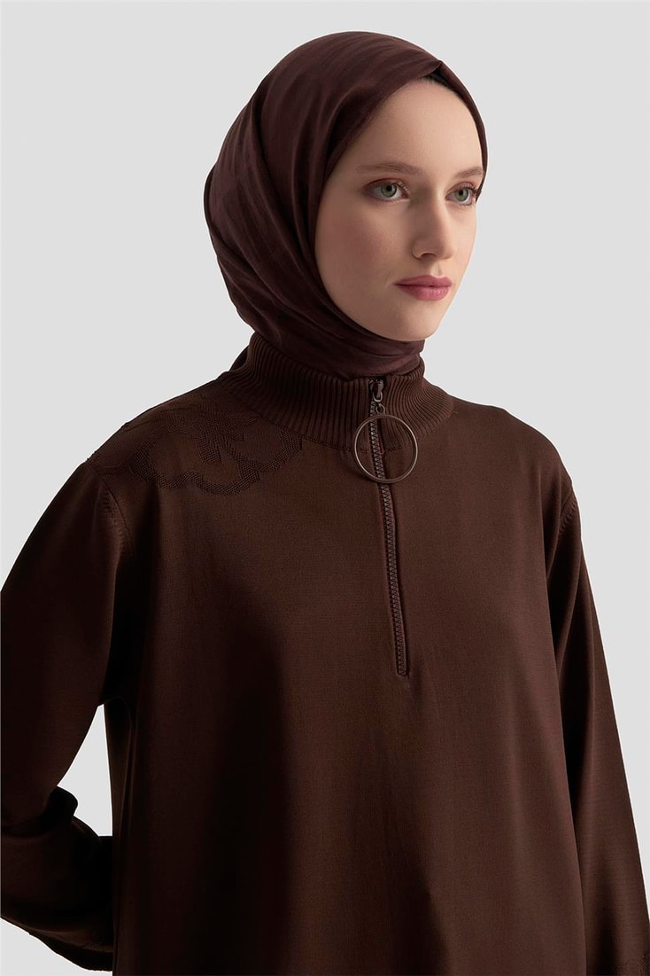 Armine Çiçek Desenli Triko Tunik 25KTD4111 Acı Kahve