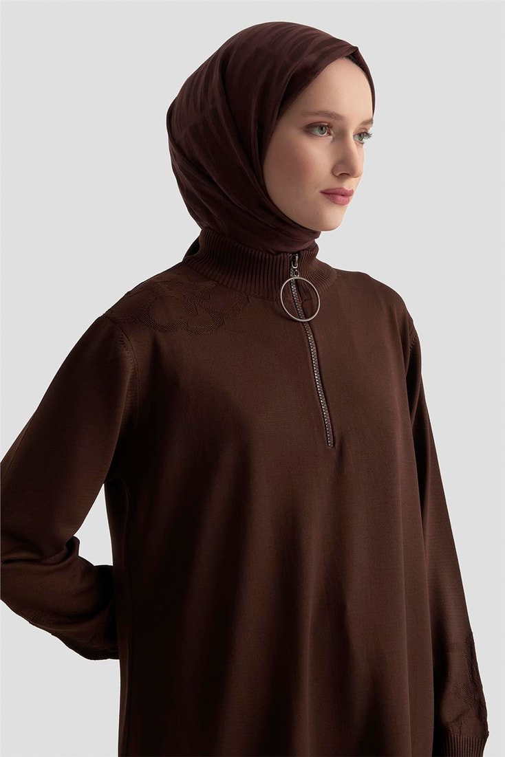 Armine Çiçek Desenli Triko Tunik 25KTD4111 Acı Kahve