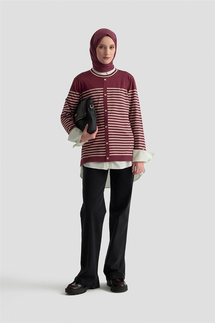 Armine Düğmeli Çizgili Triko Kazak 25KTD4128 BORDO
