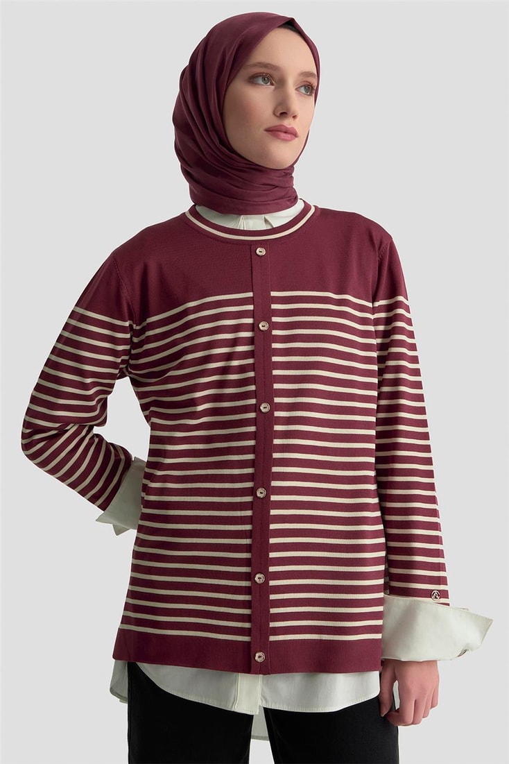 Armine Düğmeli Çizgili Triko Kazak 25KTD4128 BORDO
