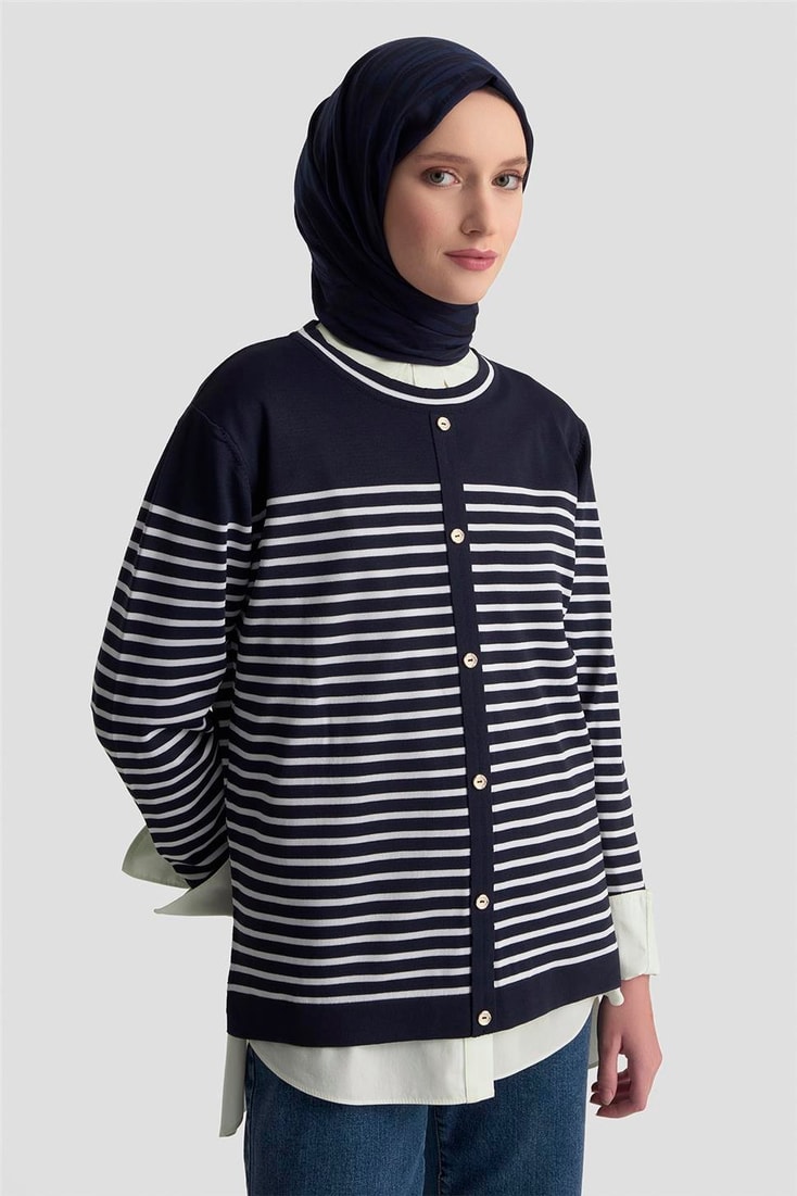 Armine Düğmeli Çizgili Triko Kazak 25KTD4128 Lacivert