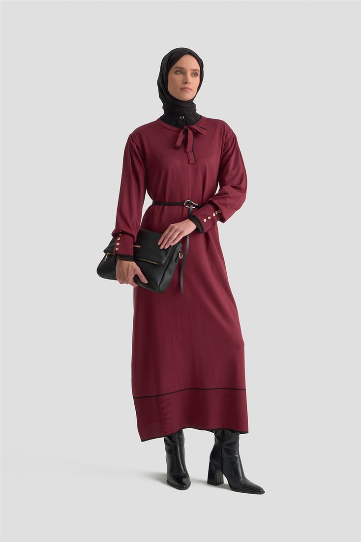 Armine Fularlı Triko Elbise 25KTD955 BORDO