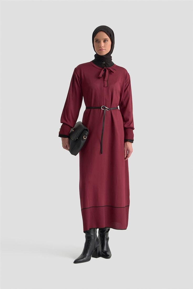Armine Fularlı Triko Elbise 25KTD955 BORDO