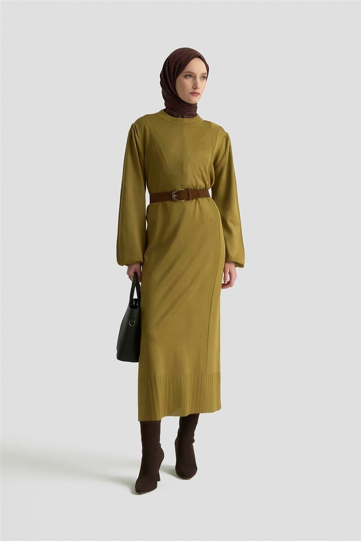 Armine Basic Triko Elbise 25KTD956 yağ yeşili