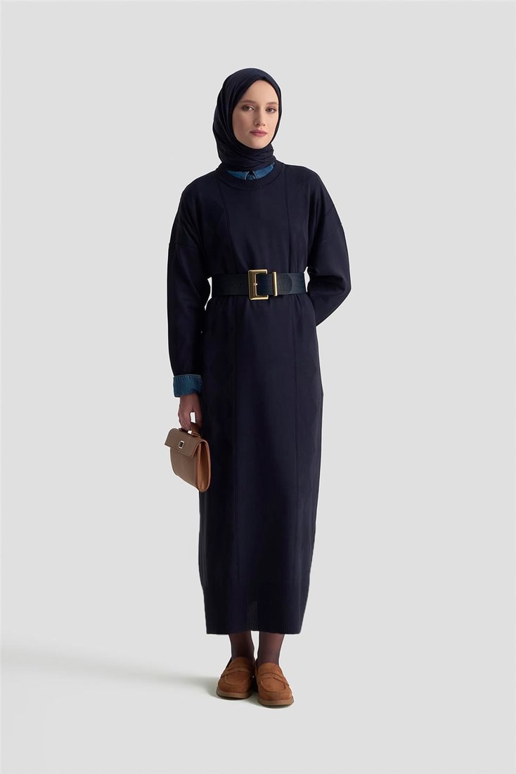 Armine Baklava Desenli Triko Elbise 25KTD958 Lacivert