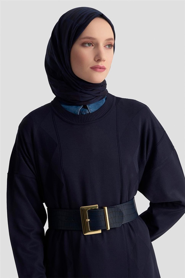 Armine Baklava Desenli Triko Elbise 25KTD958 Lacivert