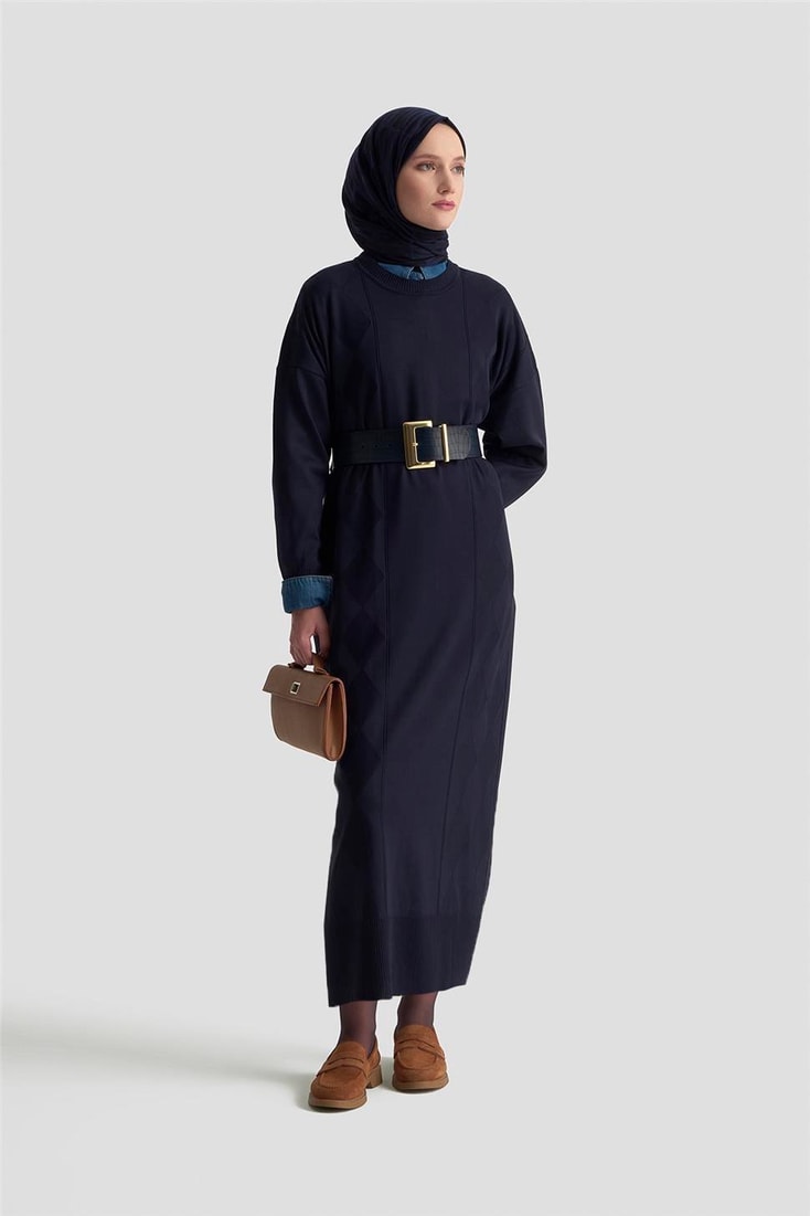 Armine Baklava Desenli Triko Elbise 25KTD958 Lacivert