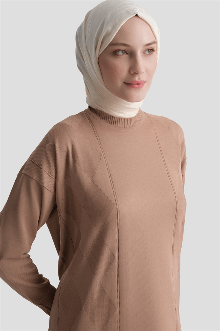 Armine Baklava Desenli Triko Elbise 25KTD958 Latte 
