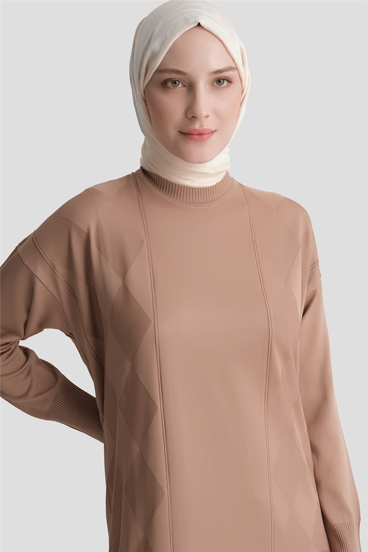 Armine Baklava Desenli Triko Elbise 25KTD958 Latte 