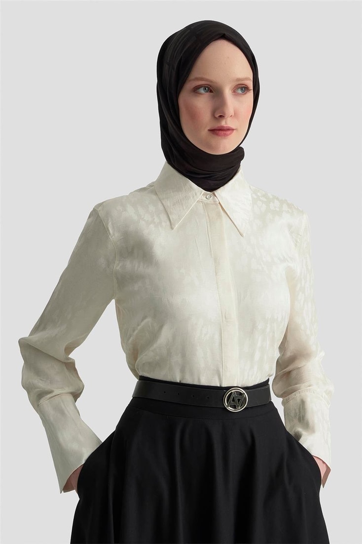 Armine Leopar Desenli Gömlek 25KM1021 Ekru