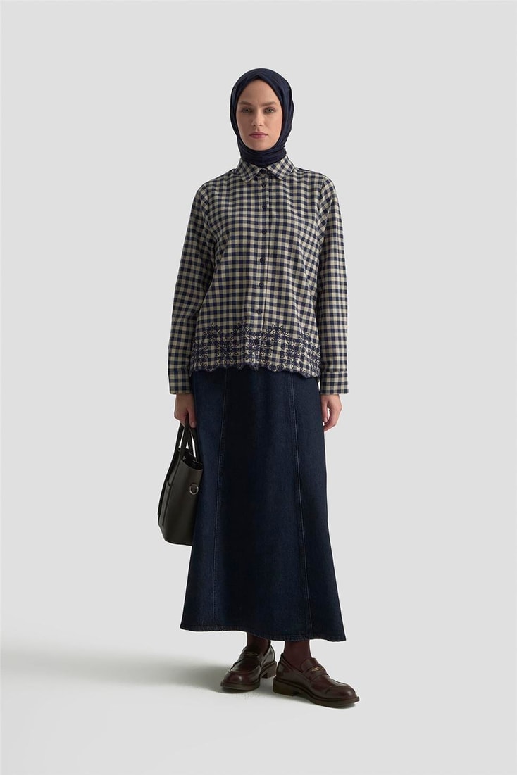 Armine Çiçek Nakışlı Ekose Tunik 25KM1026 Lacivert