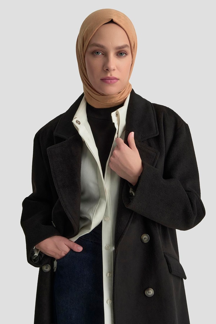 Armine Kruvaze Yaka Kaşe Kaban 25KD1122 Siyah