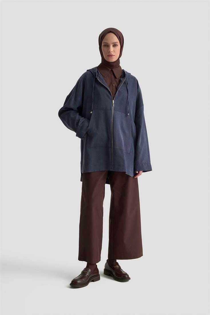 Armine Fermuar Detaylı Kapüşonlu Kap 25KD1125 İndigo