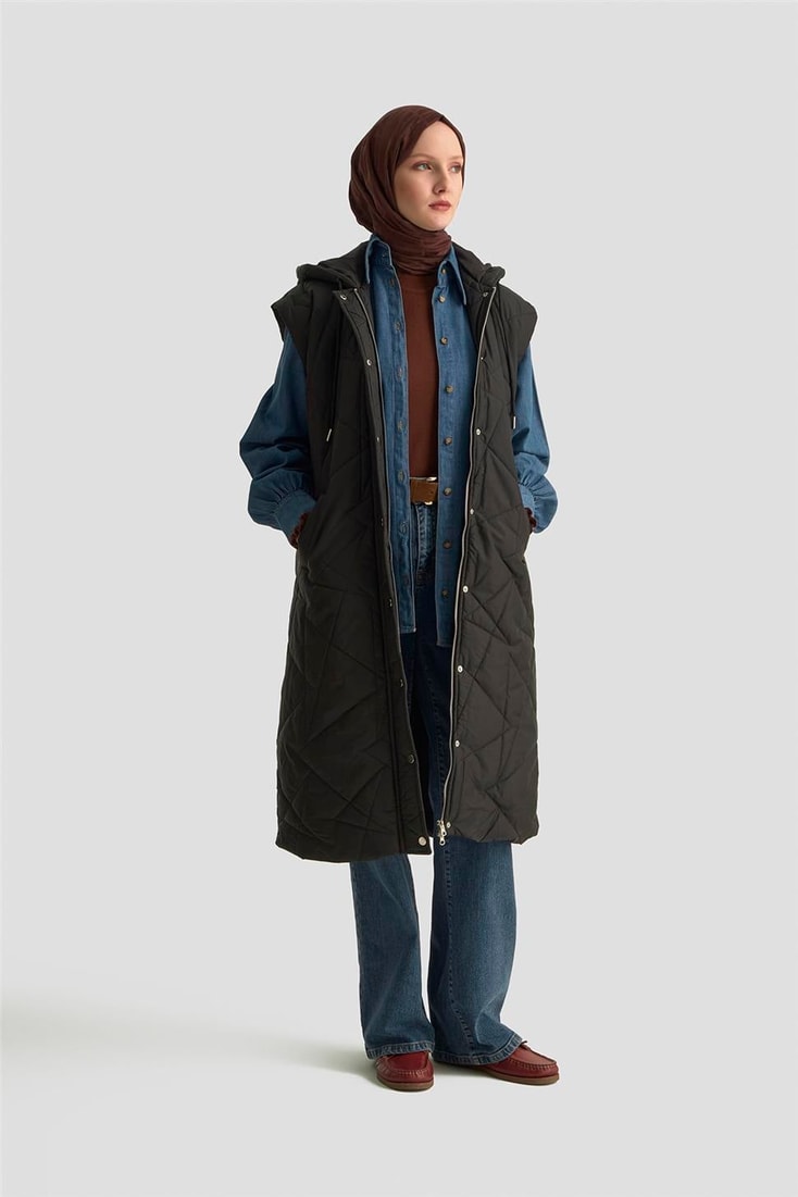 Armine  Kapüşonlu Kapitone Yelek 25KD1401 Siyah