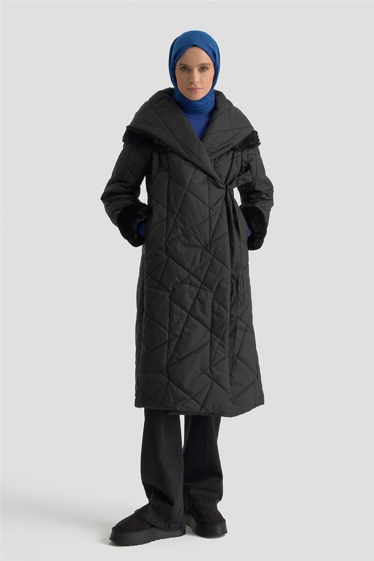 Armine Anvelop Bağlamalı Kapitone Kaban 25KD1403 Siyah