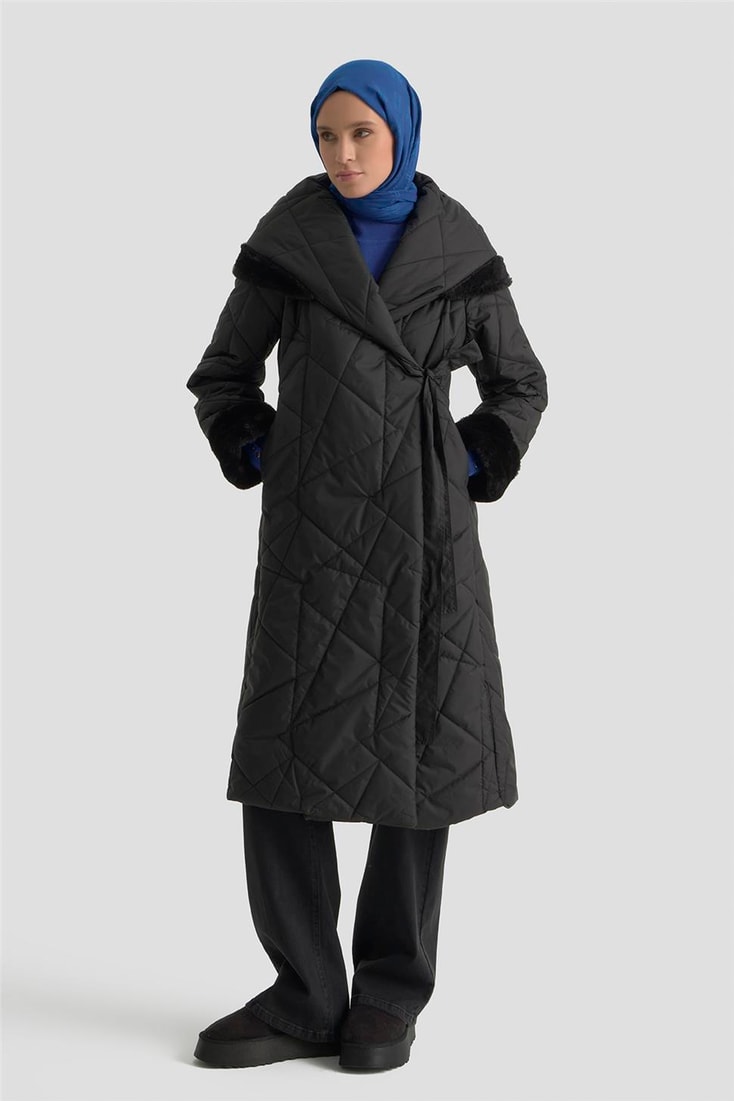 Armine Anvelop Bağlamalı Kapitone Kaban 25KD1403 Siyah