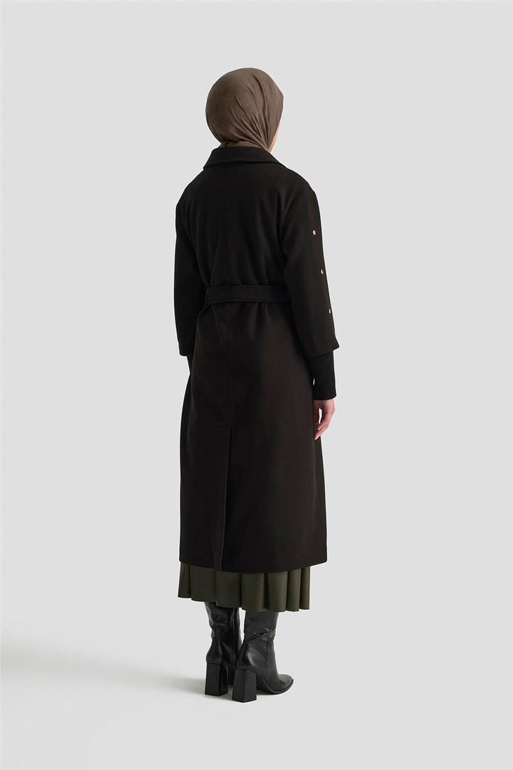 Armine Ribanalı Kaşe Manto 25KT1709 Siyah