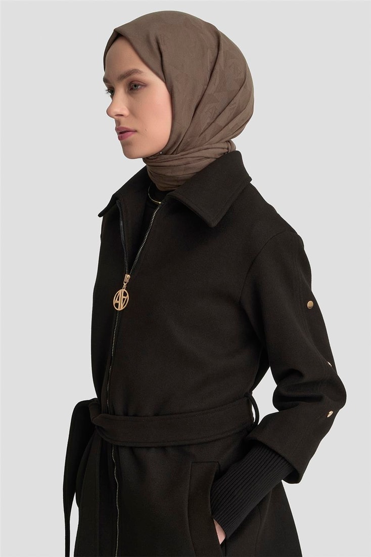 Armine Ribanalı Kaşe Manto 25KT1709 Siyah