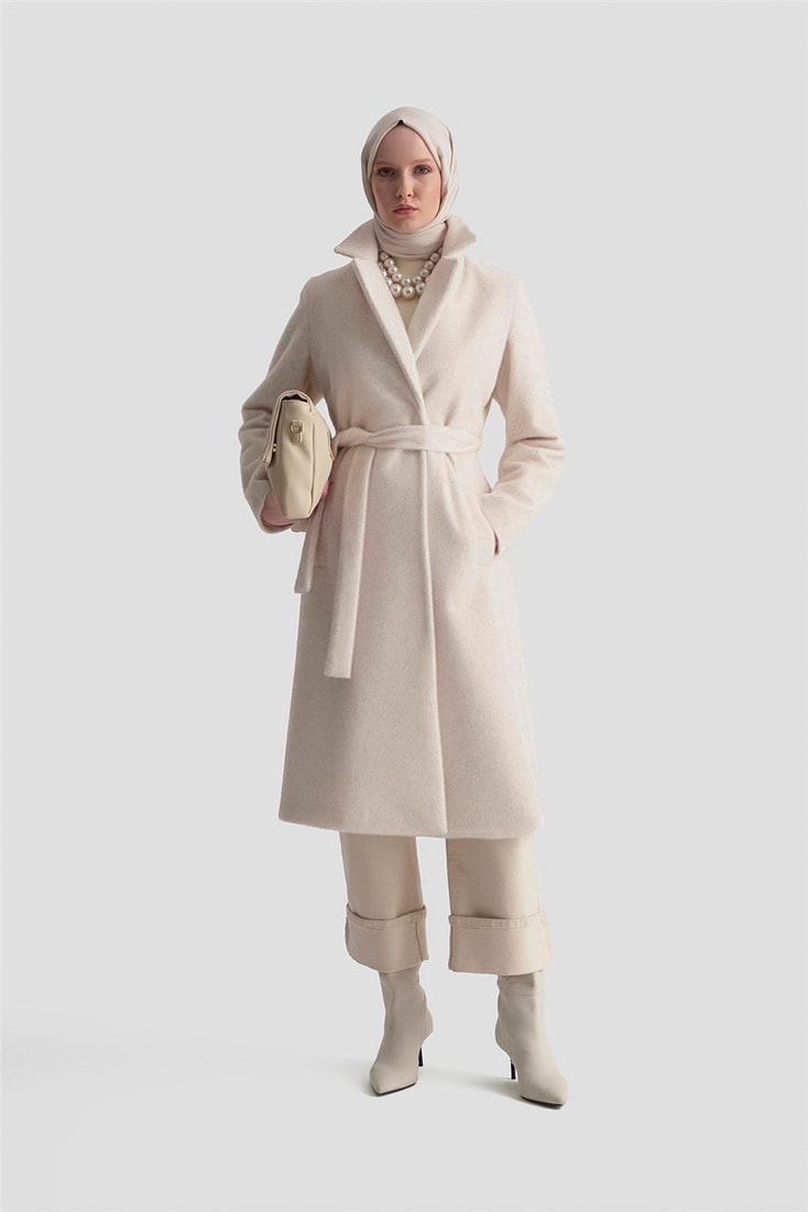 Armine Beli Kuşaklı Kaban 25KD2401 Ekru