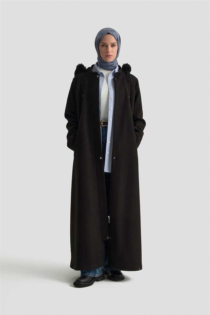 Armine Kapüşonlu Kaşe Kaban 25KD2504 Siyah