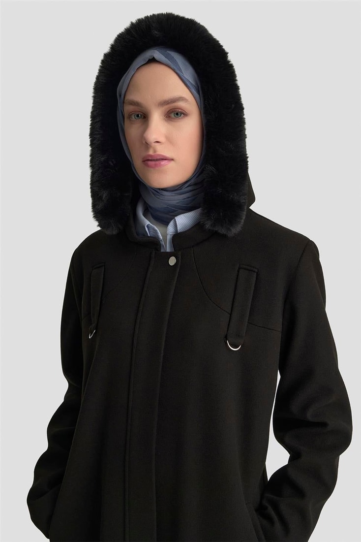 Armine Kapüşonlu Kaşe Kaban 25KD2504 Siyah