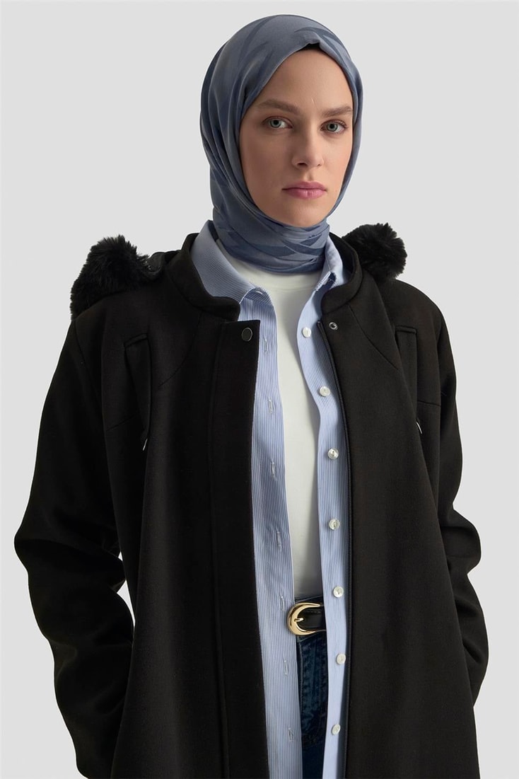 Armine Kapüşonlu Kaşe Kaban 25KD2504 Siyah