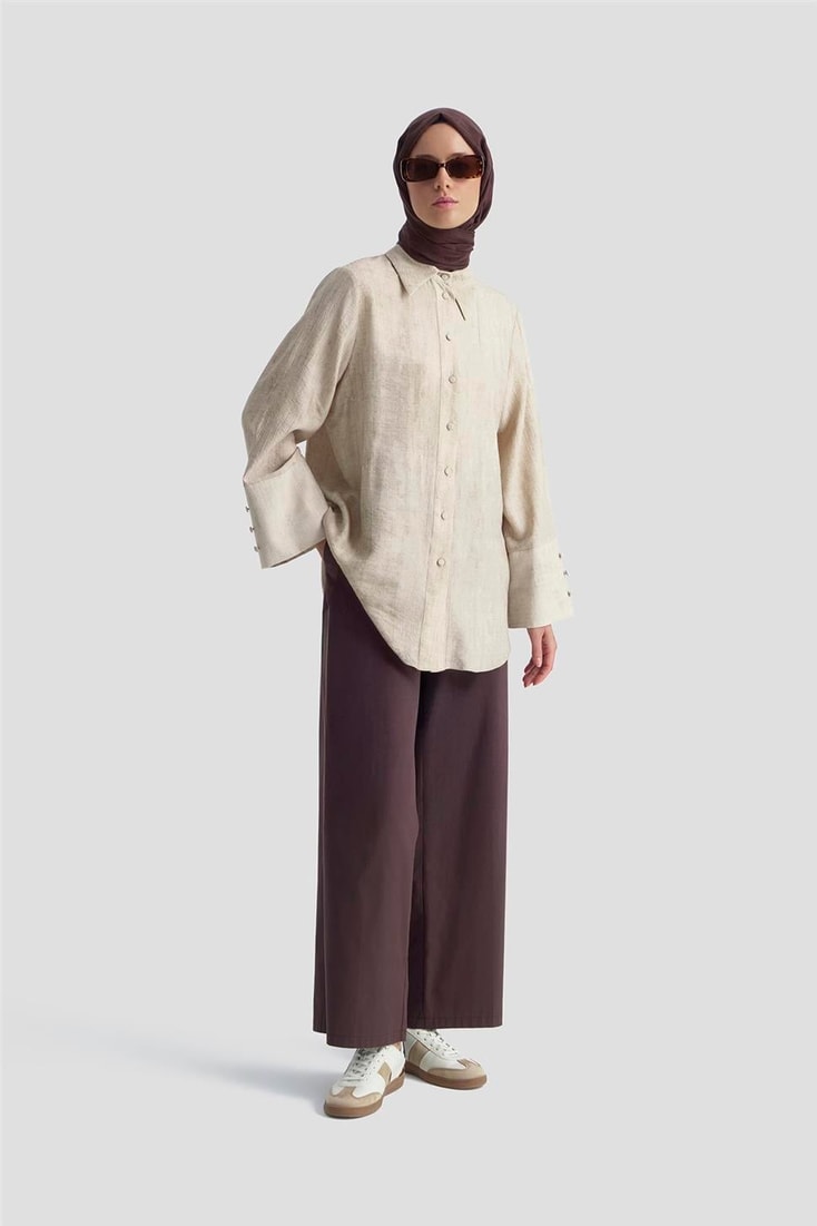 Armine Geniş Manşetli Kolu Pileli Patlı Gömlek 25K3805 Vizon