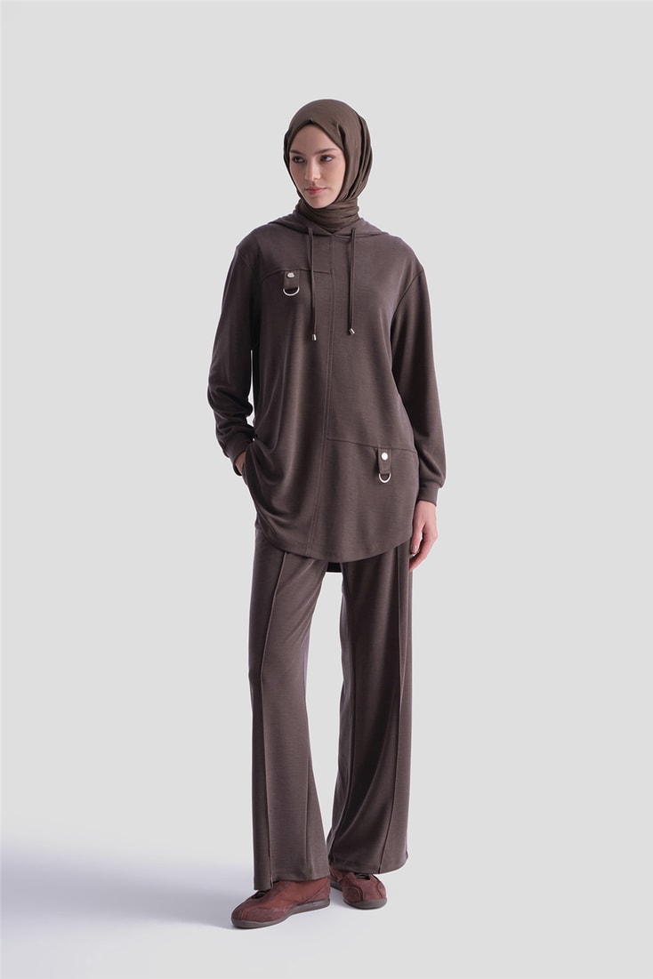 Armine Kapüşonlu Örme Rayon Takım 25KD4386 Kahverengi