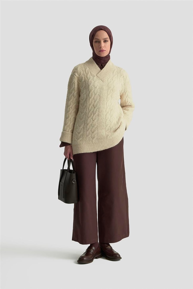 Armine Saç Örgü Desenli Kazak 25KD6002 Bej