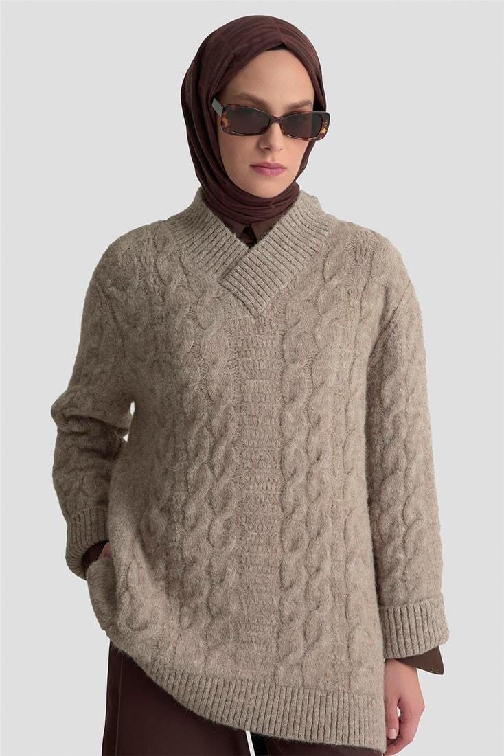 Armine Saç Örgü Desenli Kazak 25KD6002 Ekru