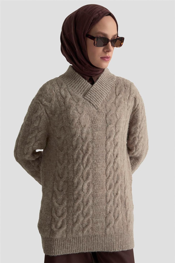 Armine Saç Örgü Desenli Kazak 25KD6002 Ekru