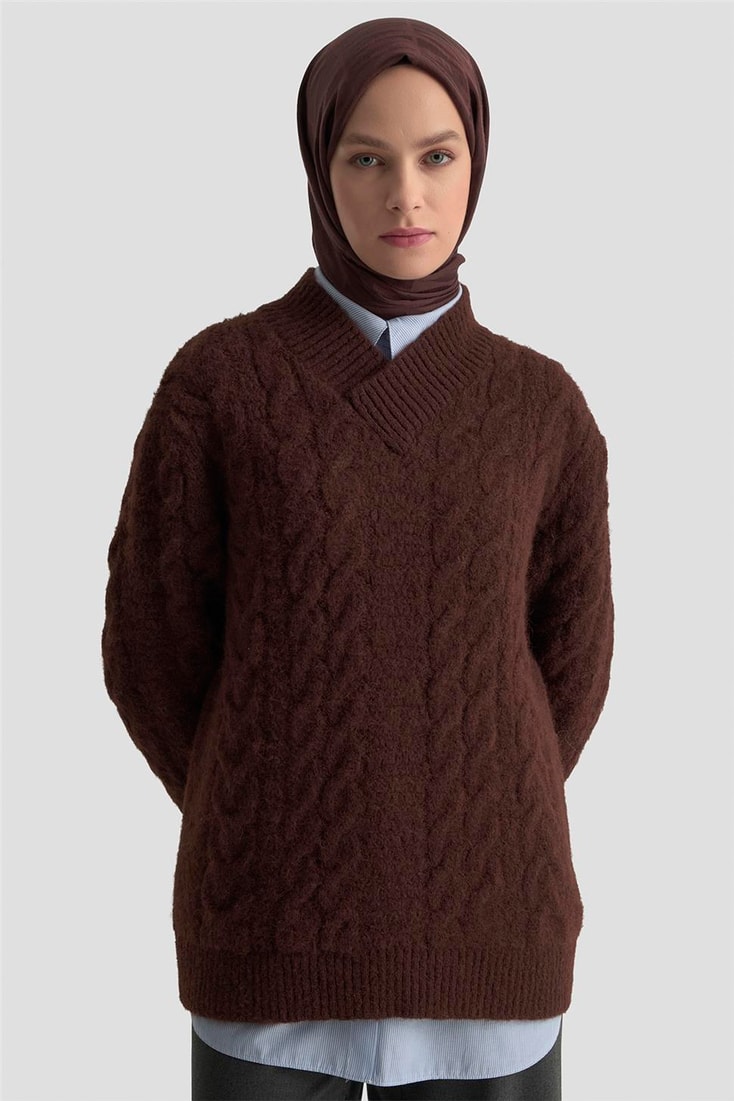 Armine Saç Örgü Desenli Kazak 25KD6002 Kızıl Kahve