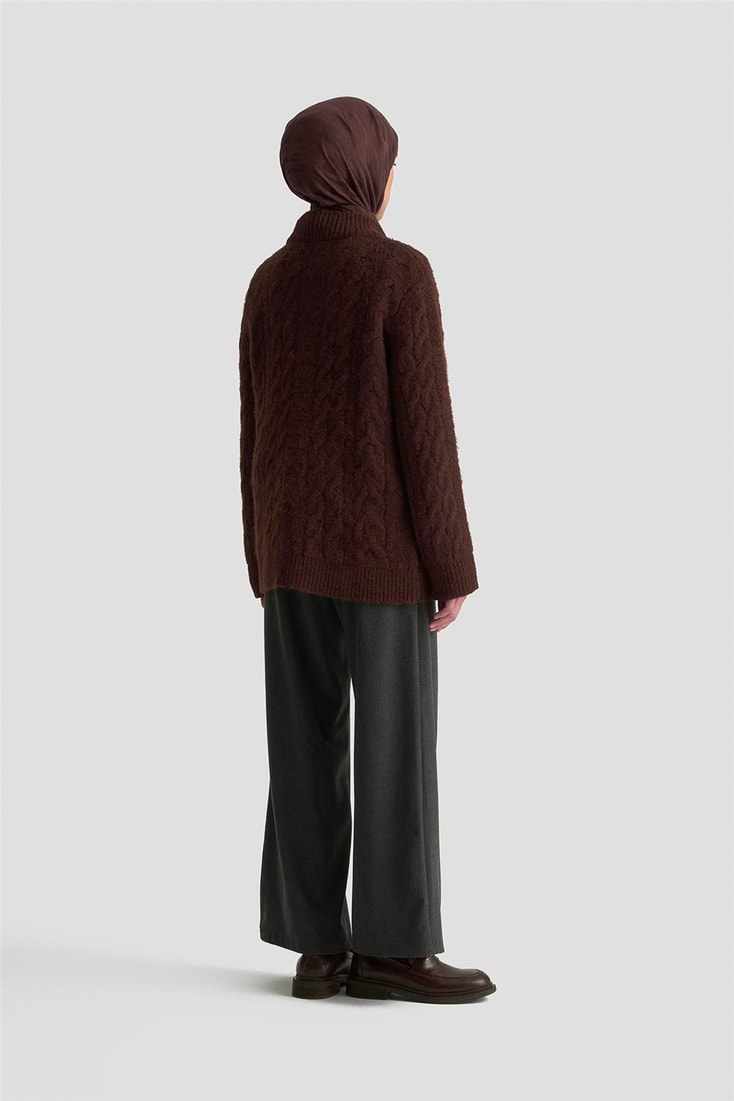 Armine Saç Örgü Desenli Kazak 25KD6002 Kızıl Kahve