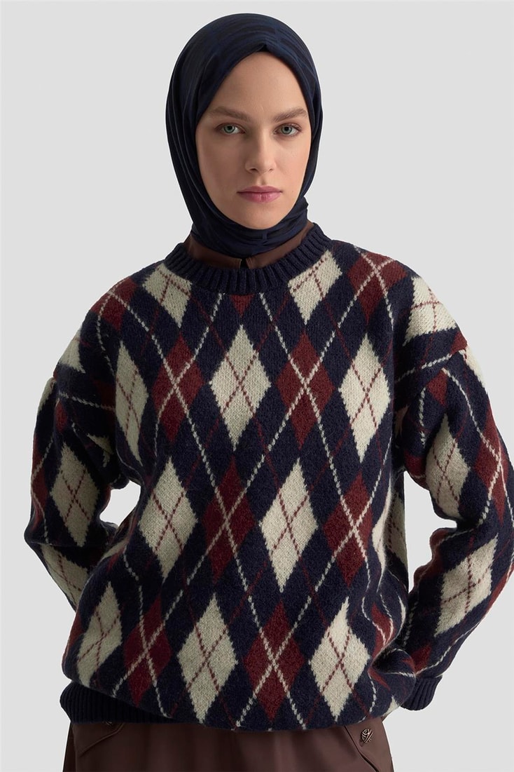 Armine Baklava Desenli Kazak 25KD6004 Lacivert