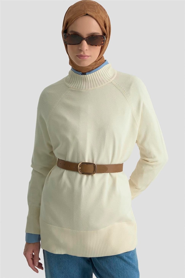 Armine Düğmeli Basic Oversize Kazak 25KD6016 Ekru