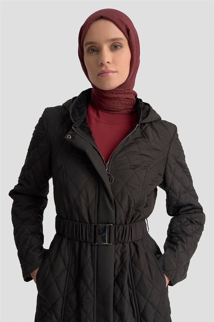 Armine Kemerli Kapitone Kaban 25KT706 Siyah