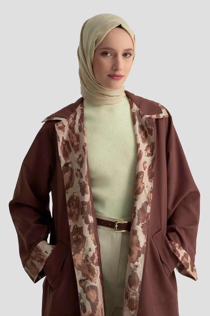 Armine Leopar Desen Garnili Trençkot 25K7901 Acı Kahve