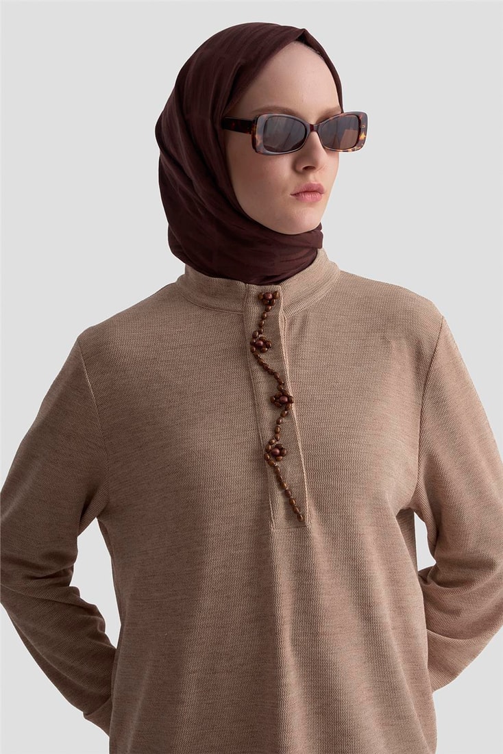 Armine Boncuk İşlemeli Örme Tunik 25KD9021 Bej