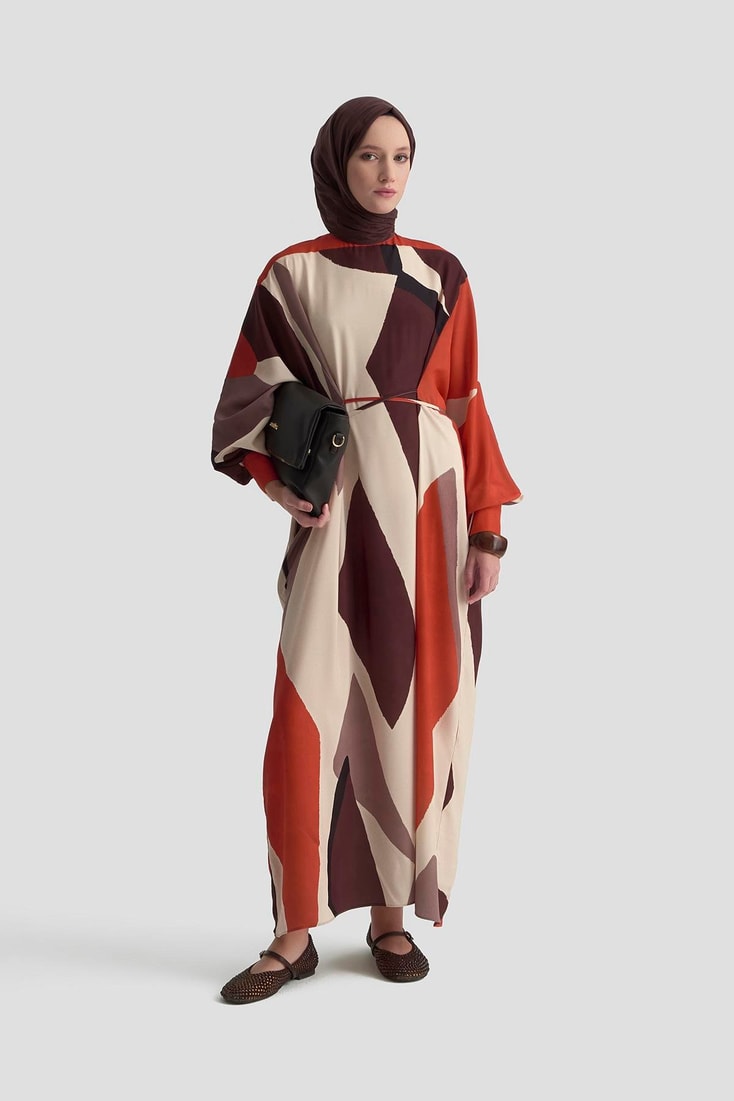 Armine Çapraz Bağlamalı Desenli Elbise 25K9101 Kiremit