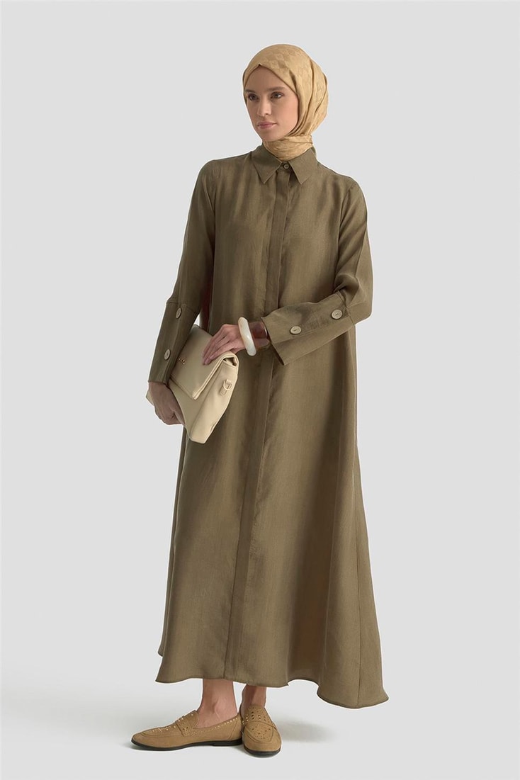 Armine Büyük Manşetli Cupra Elbise 25K9851 yağ yeşili