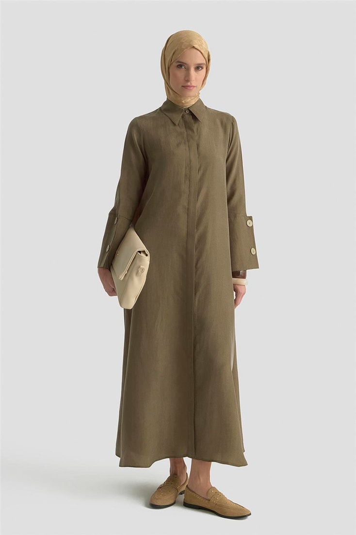 Armine Büyük Manşetli Cupra Elbise 25K9851 yağ yeşili