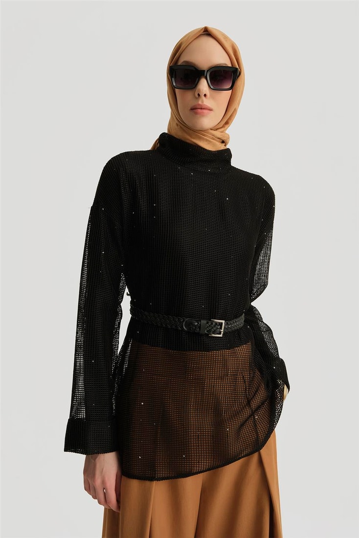 Armine Kemerli File Bluz 25Y3700 Siyah