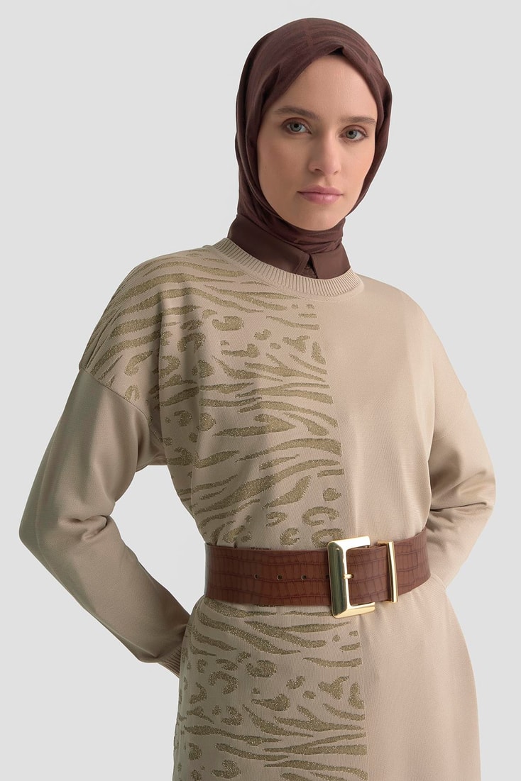 Armine Leopar Desen Triko Tunik 25KTD4116 Bej