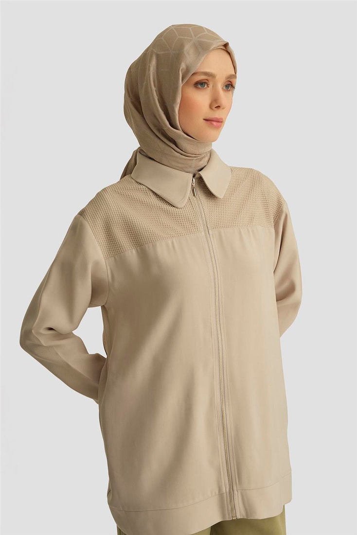 Armine File Detaylı Tencel Tunik 25YD4228-1 Bej