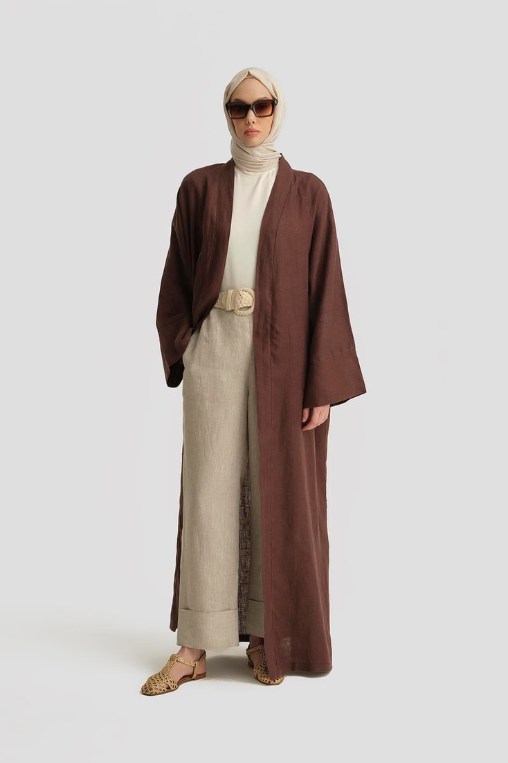 Armine Keten Abaya 25YD4230 Kahverengi